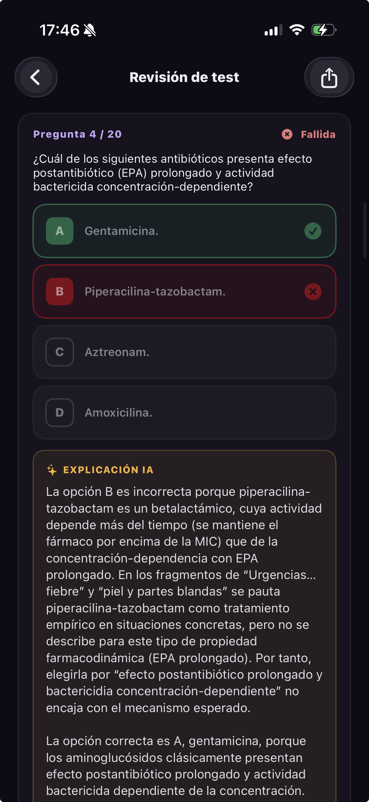 Explicación con IA de una pregunta fallada en modo oscuro
